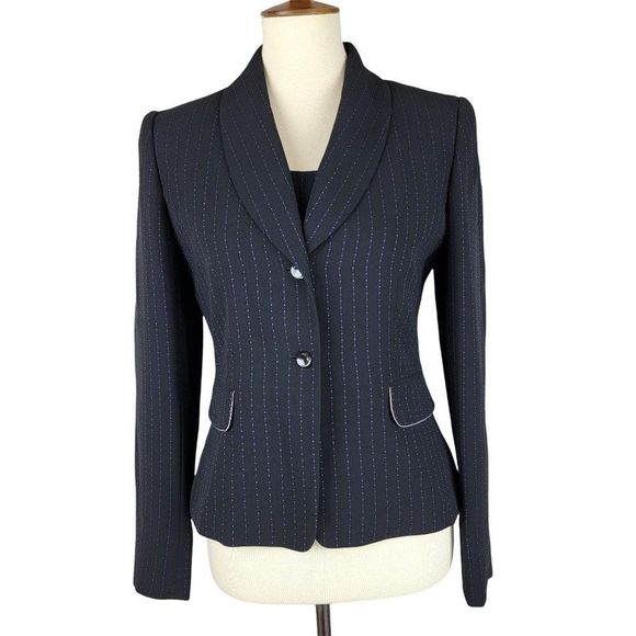 Tahari Black Purple Stripe Single Breasted Two Button Tank Top Blazer Set Size 4 - Picture 1 of 15